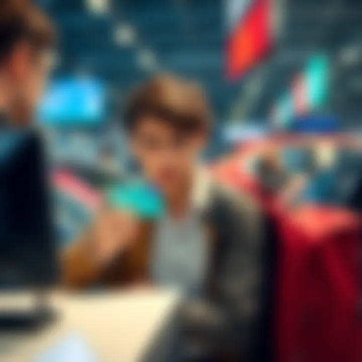 A traveler at a car rental counter showing frustration while holding a Revolut debit card. The rental agent looks skeptical.