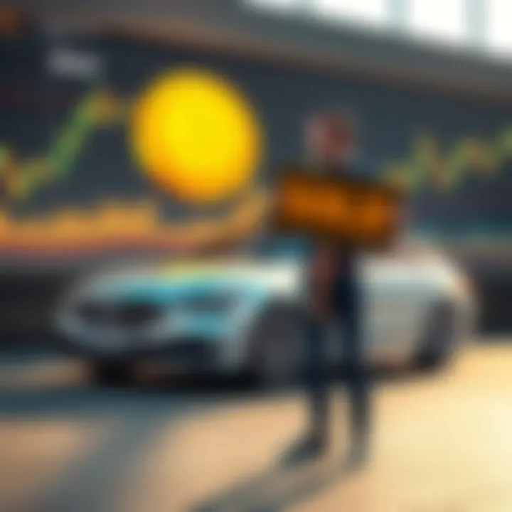 A person stands next to a sold car, holding a Bitcoin sign, reflecting on investment decisions, with a backdrop of financial charts and rising Bitcoin prices.