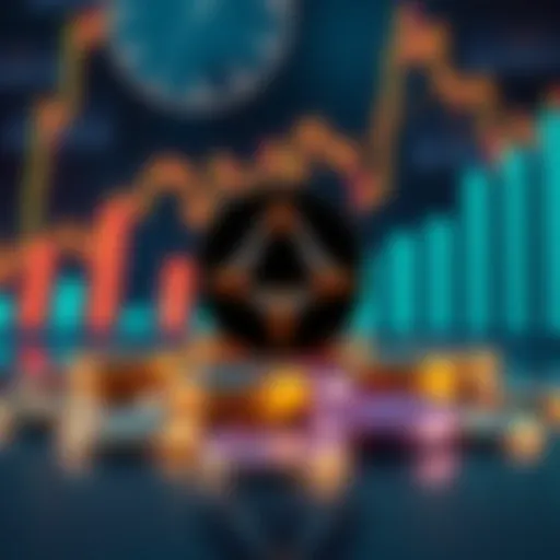 Cardano logo displayed with cryptocurrency coins and upward market charts in the background