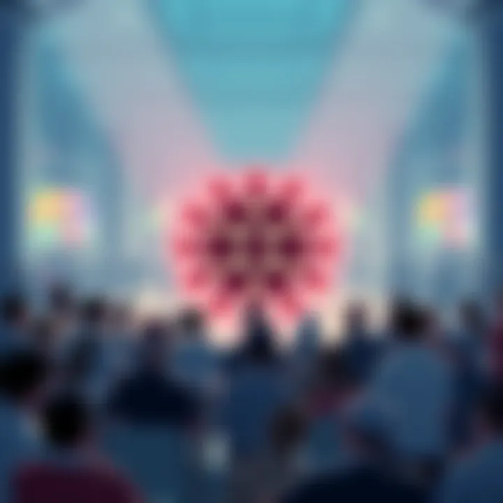 Illustration of the Cardano logo surrounded by people discussing rumors and future developments