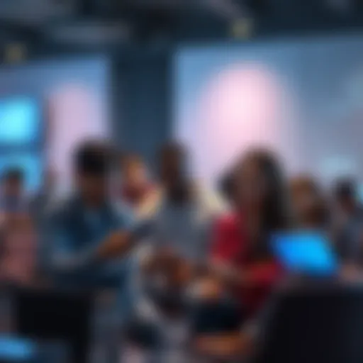 People in a small group discussing Cardano on laptops and smartphones, looking concerned about recent events.