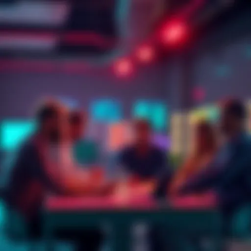 A group of developers discussing ideas during the Cardano Developer Office Hours with Charli3. They are engaged and collaborating in a vibrant setting.