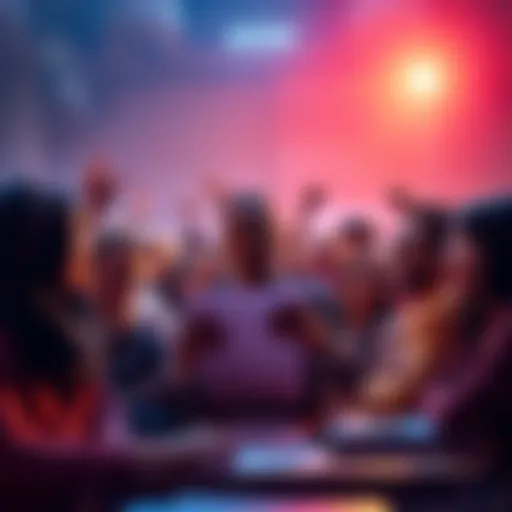 Cardano Governance Vote A group of diverse people engaging in a voting process for the Cardano Constitutional Committee, showing enthusiasm and urgency.