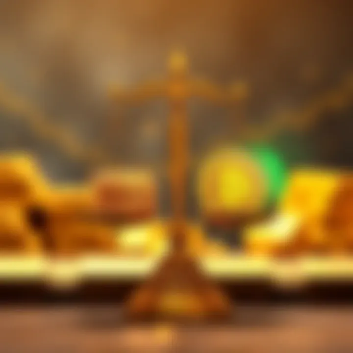 Cardboard Gold vs Digital Gold A scale balancing a stack of gold bars and a digital coin symbol representing cardboard gold and digital gold