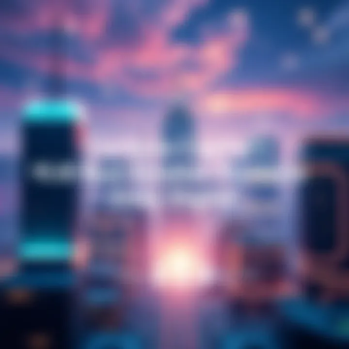 Visual representation of digital tokenized real estate portfolio with buildings and blockchain symbols.