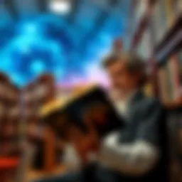 Carl Sagan with books A person reading a book in a library, surrounded by shelves filled with books about science and the universe, inspired by Carl Sagan's work.