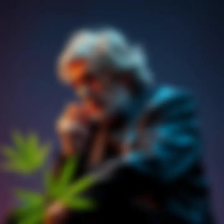 Carl Sagan sitting with a cannabis leaf in hand, reflecting on his thoughts