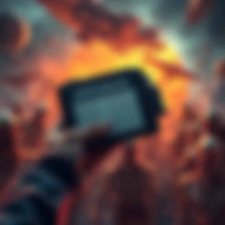 A person holding a crypto wallet with seed phrases during an apocalypse scenario, featuring a chaotic background with zombies and alien spacecraft.