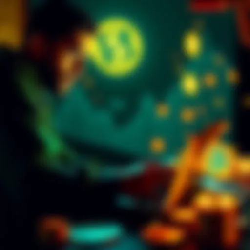 A graphic showing a drug cartel member using a laptop with cryptocurrency symbols around, indicating money laundering activities.