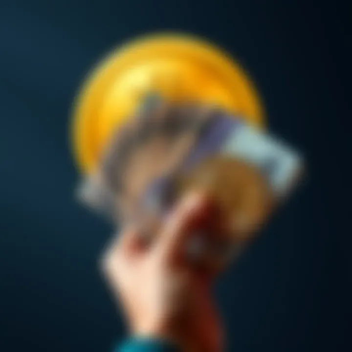 A person holding cash and a Bitcoin symbol with a voucher in the background, representing safe cash transactions for Bitcoin.