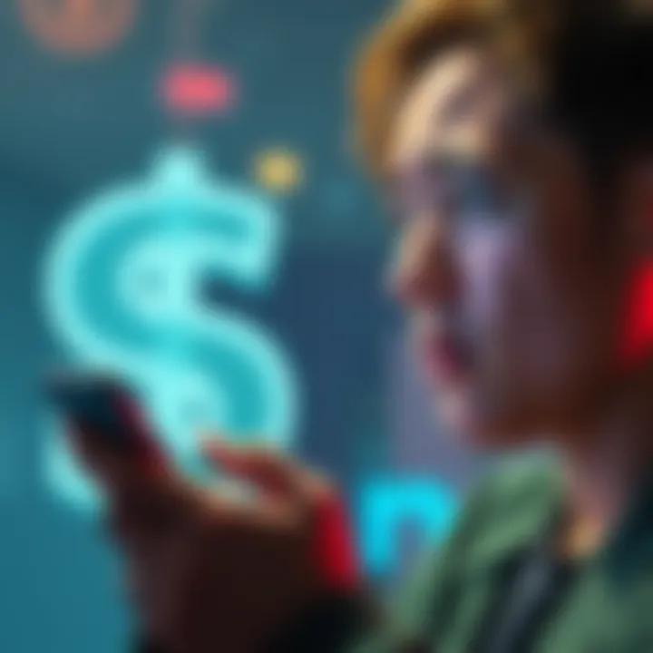 Cash Out Process A person looking at their phone with a worried expression, contemplating payout issues and cash out requirements, with a visible dollar sign in the background.