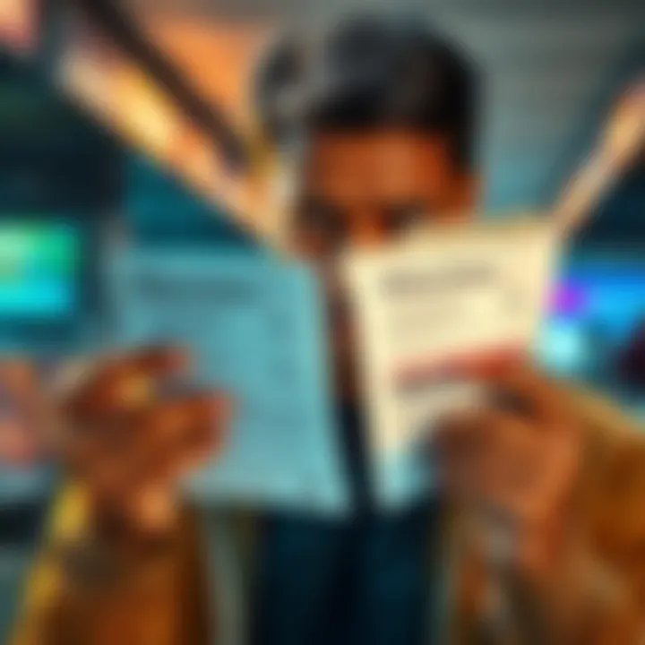 A person looking frustrated while attempting to deposit cash, holding instructions that lack a barcode.