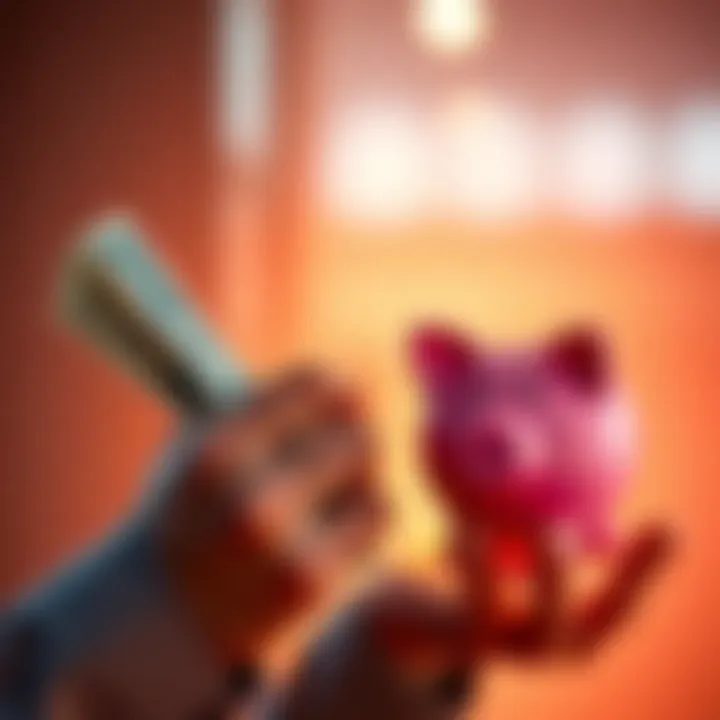 Cash or Invest Decision A person holding cash in one hand and a piggy bank in the other, contemplating whether to cash out or invest.