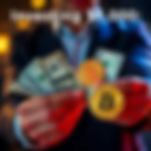 Individual comparing cash in hand with Bitcoin symbols, representing investment choices.