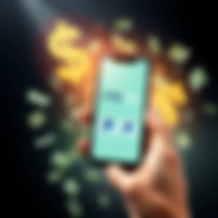 A person holding a phone showing Cashapp and PayPal logos with money visuals around