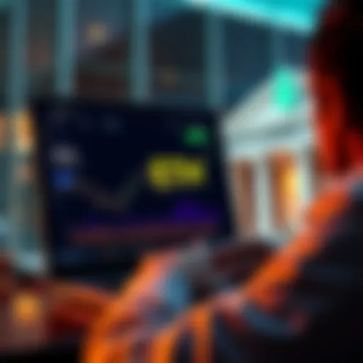 Cashing Out ETH A person looking at a laptop screen displaying ETH prices with cash and a bank in the background.