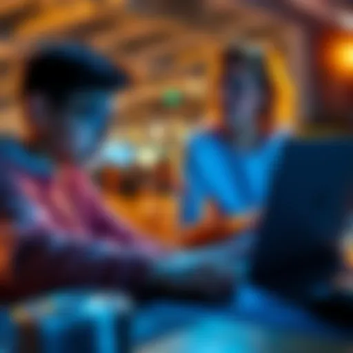 Casual coding team for Amazon HackOn A high school student and a teammate working together on a laptop during a coding event, collaborating and enjoying the experience.