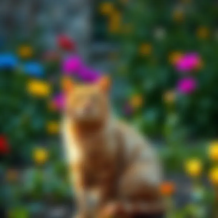 Cat in a garden A cat sitting alone in a garden, looking sad as it observes an empty yard.
