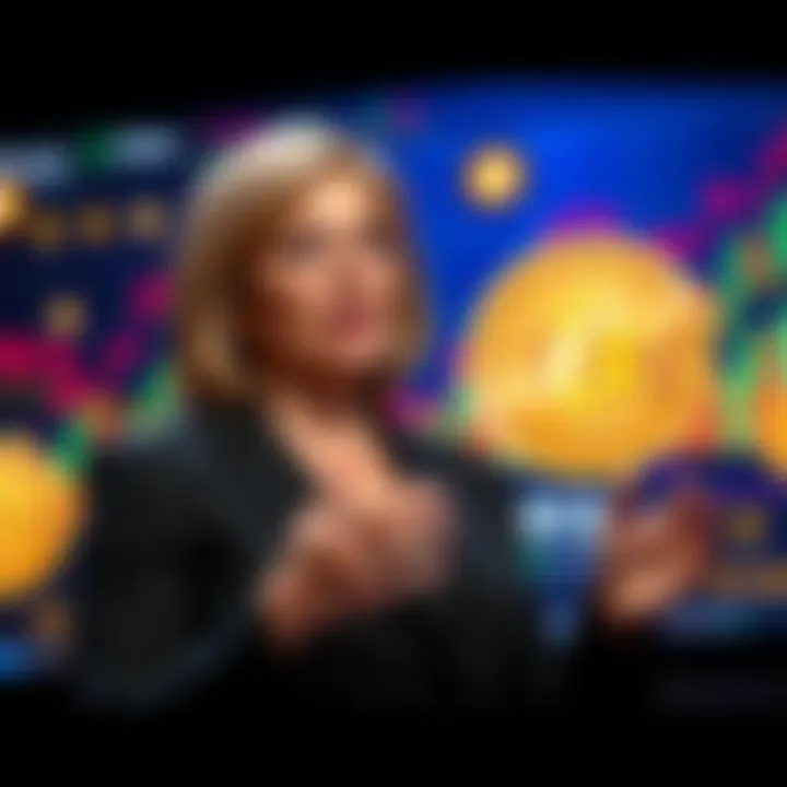 Cathie Wood speaking about Bitcoin investment in front of a digital backdrop showing Bitcoin symbols and graphs