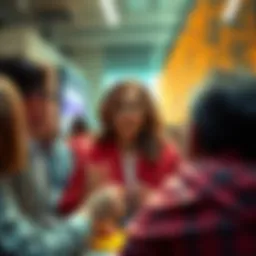 Cathie Wood discusses Bitcoin's potential to reach $1.25 million with enthusiastic investors around her, showcasing a vibrant financial environment.