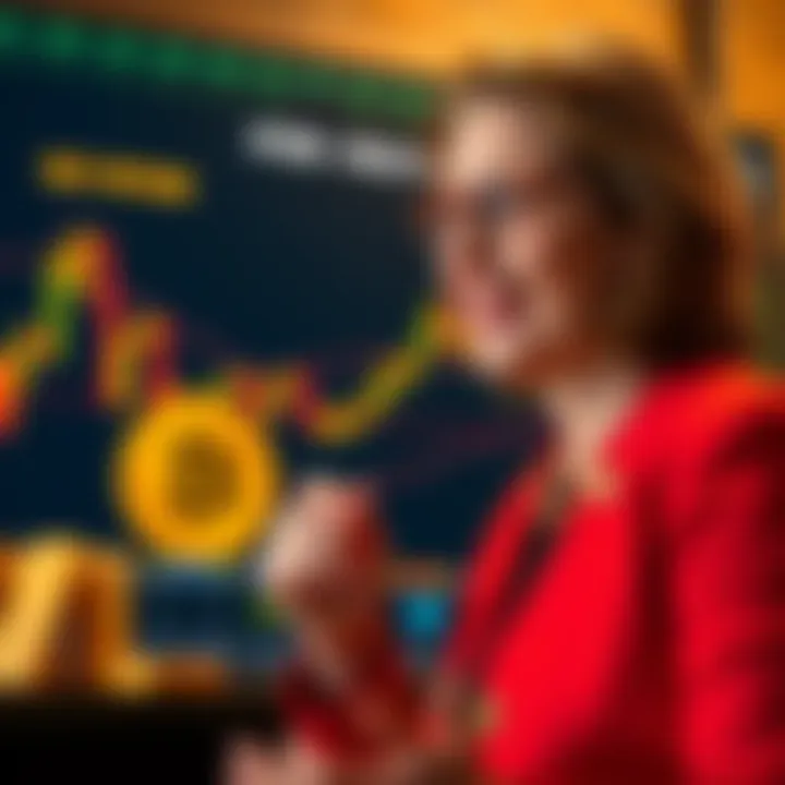 Cathie Wood presenting insights on gold's impact on Bitcoin with charts in the background