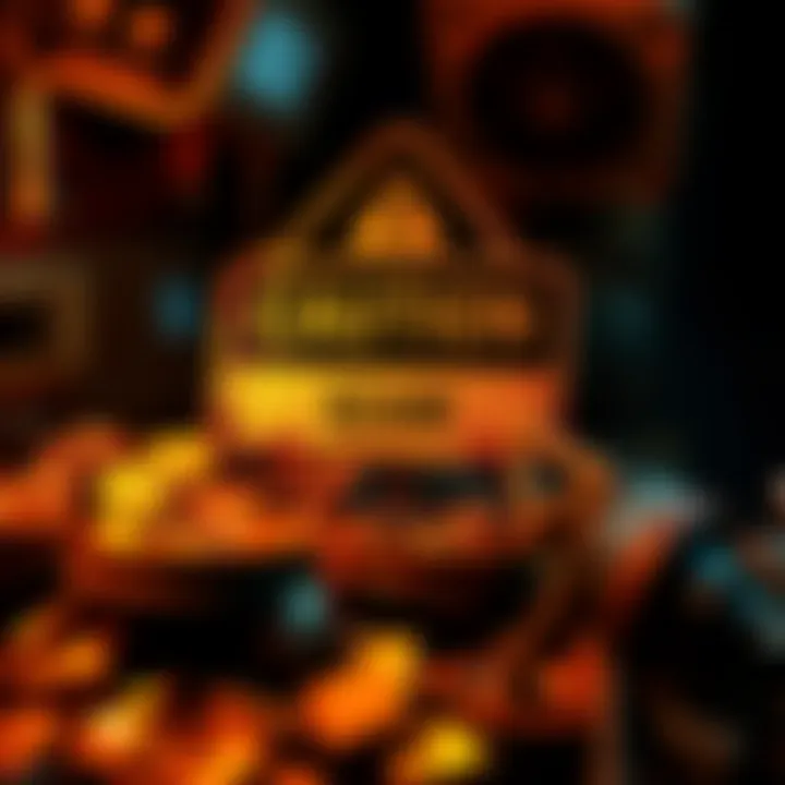 A warning sign about mining scams with visuals of gold and mining equipment
