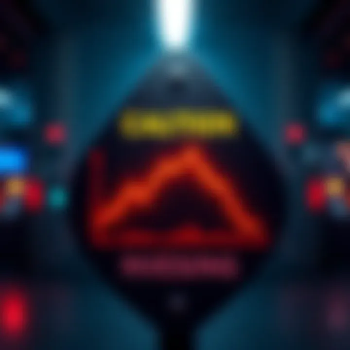 A warning sign with a financial graph showing a downward trend, indicating risks of DCAing into a poor asset.