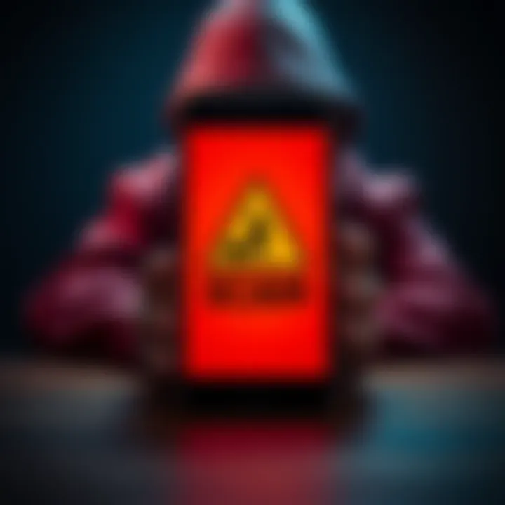 A modern phone displaying a warning about APP scams with a shadowy figure in the background, symbolizing the deception involved in financial fraud.