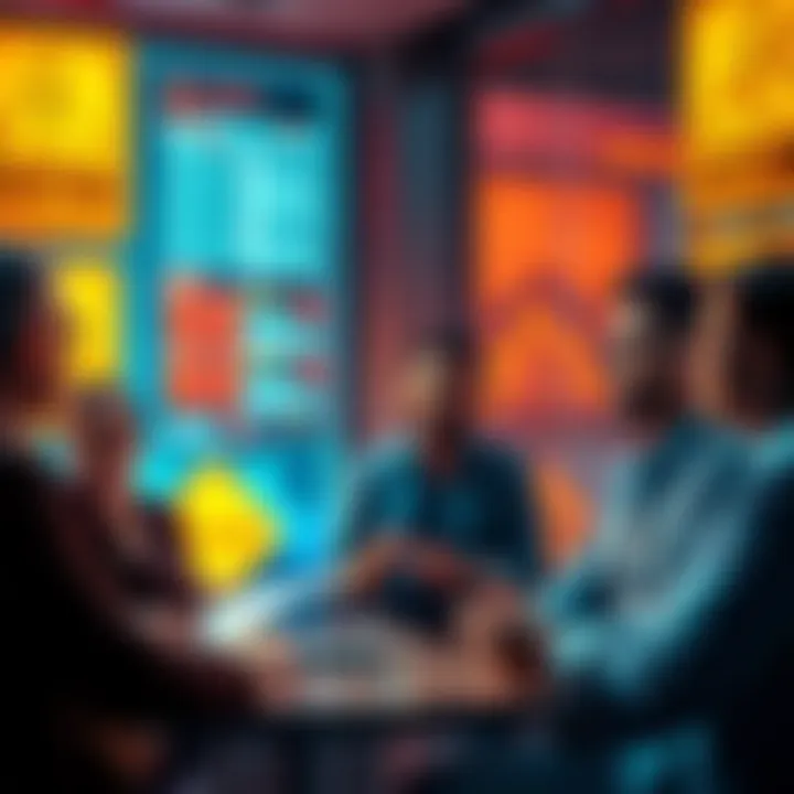 A group of people discussing cryptocurrency trading advice with caution signs in the background