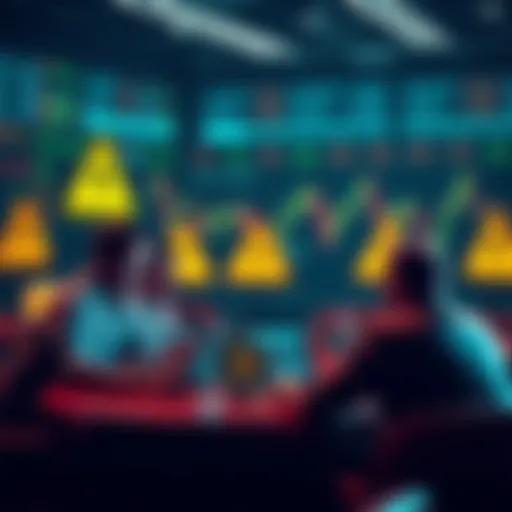 A group of people discussing cryptocurrency on their laptops, with warning signs and charts in the background.