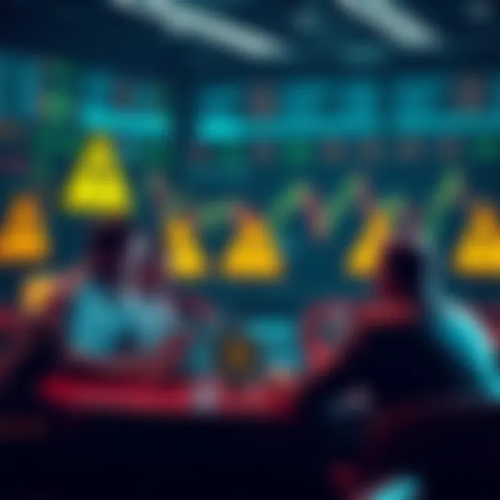 A group of people discussing cryptocurrency on their laptops, with warning signs and charts in the background.