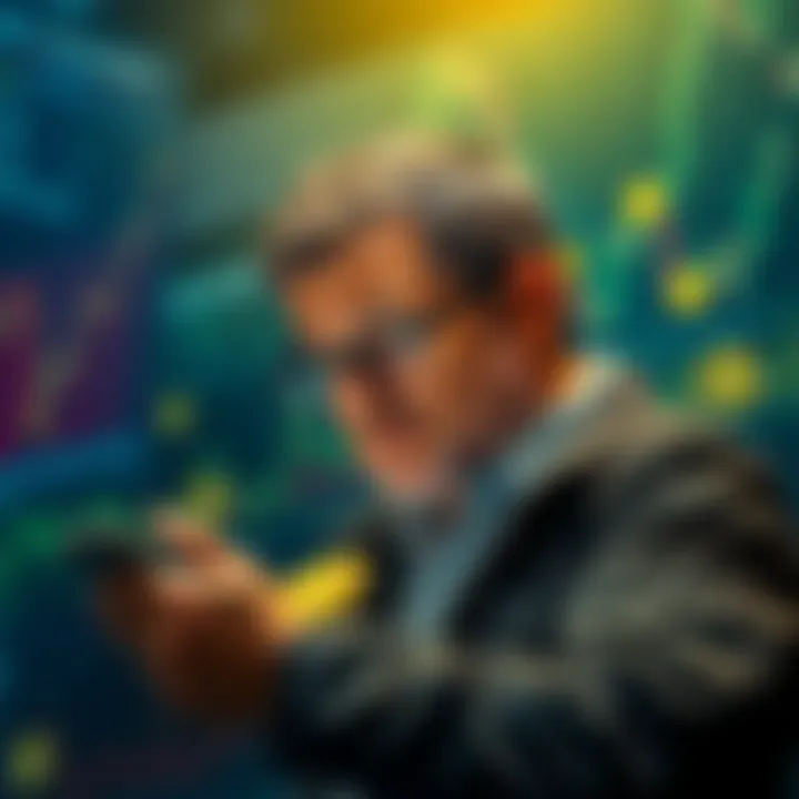 A thoughtful investor looking at charts and cryptocurrency symbols, contemplating the risks of depositing funds with Kraken.