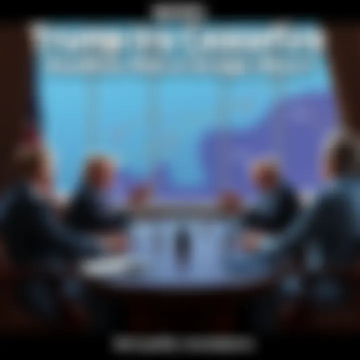 Vice President Vance negotiating with representatives in a tense setting, maps of the Strait of Hormuz in the background, emphasizing urgency.