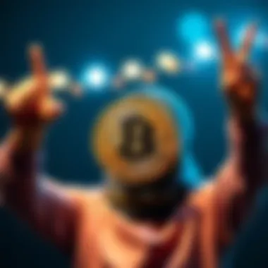 A person joyfully holding a bitcoin symbol, showing excitement for reaching half a Bitcoin
