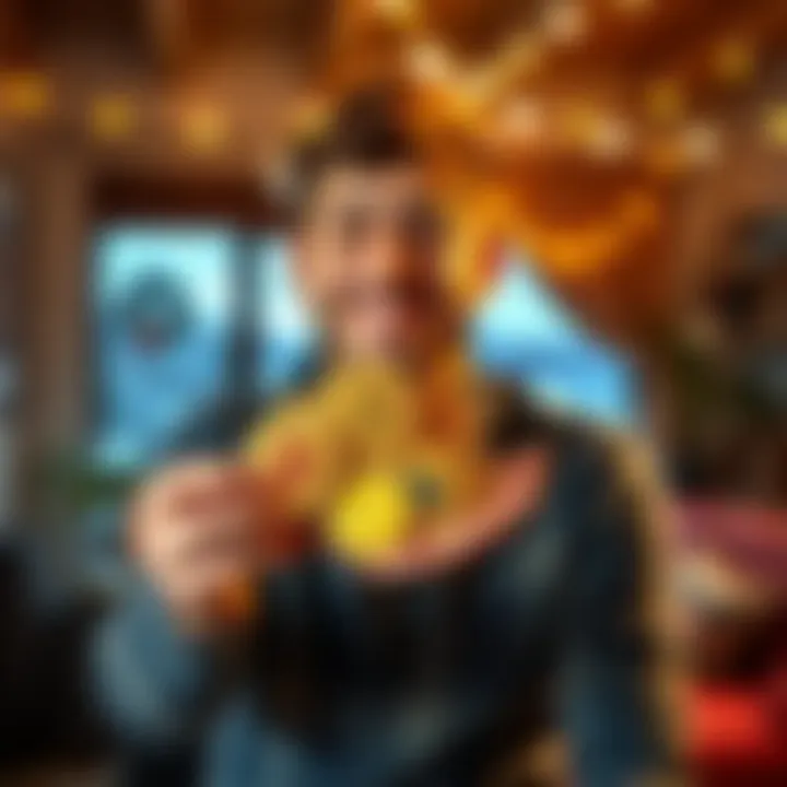 A person happily holding 10 coins with a smile, showing their investment journey success, in a cozy home setting.