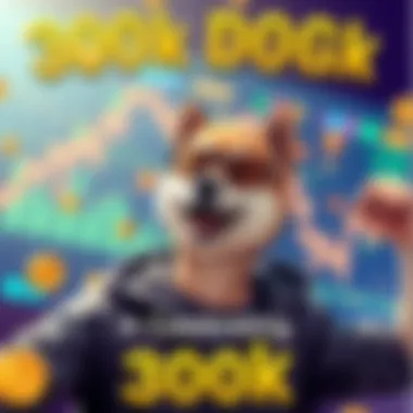 Celebrating 300k DOGE A person celebrating their achievement of accumulating 300,000 DOGE coins, with a cheerful expression and a background of cryptocurrency graphics.