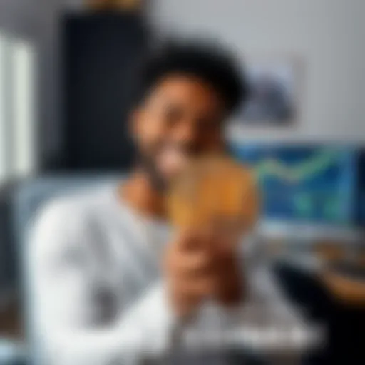 Celebrating Bitcoin Achievement A person holds a Bitcoin symbol with a smile, celebrating their success after years of saving and sacrificing. The background shows a home office with crypto charts and a computer.