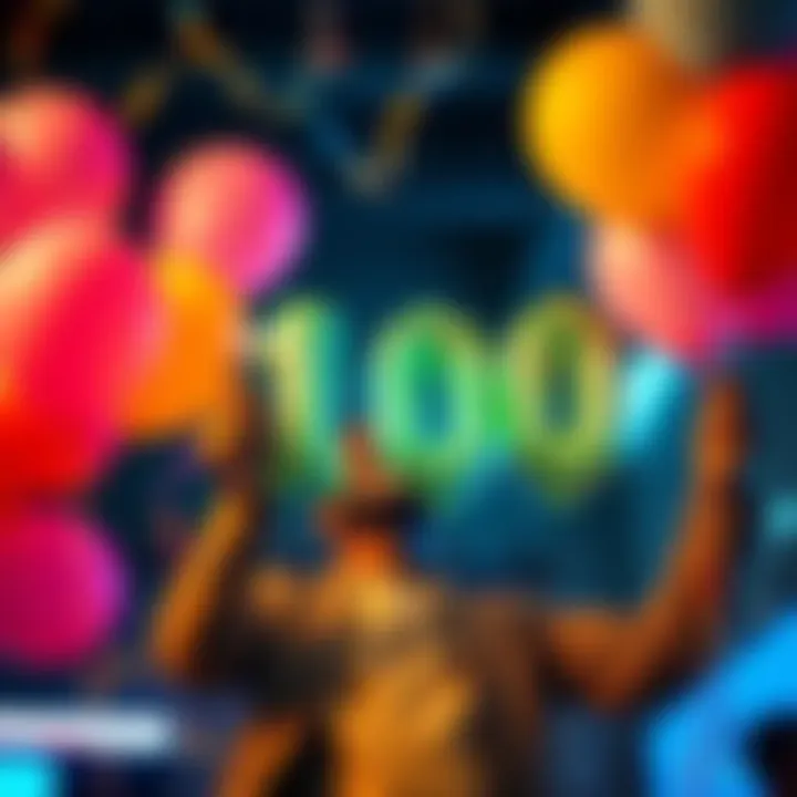 Person celebrating reaching the 100 dollar mark with balloons and a smile