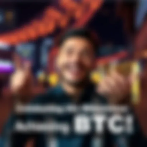 Reaching 0.1 BTC A person celebrating their achievement of reaching 0.1 BTC with a smile and a stack of coins in hand