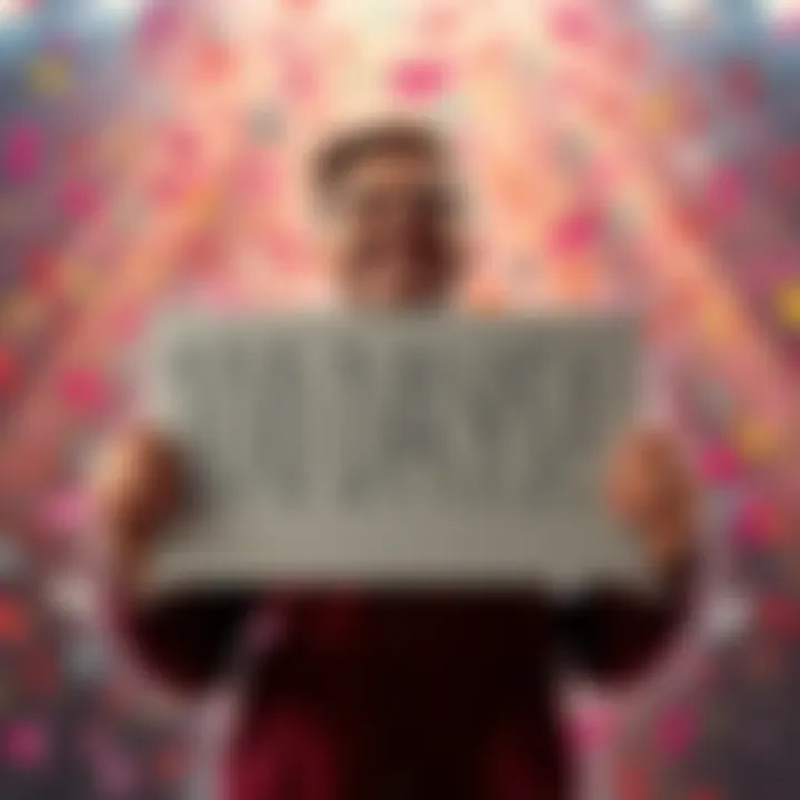 A person holding a sign that says '100 Days!' with a joyful expression, surrounded by confetti