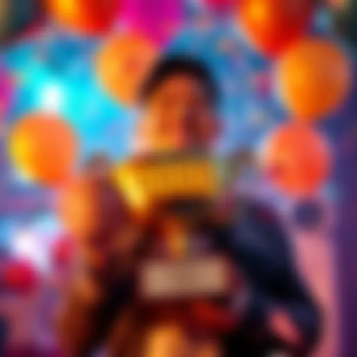 Celebrating 100k KAS achievement A person holding a trophy with the text '100,000 KAS' on it, smiling and surrounded by a celebratory atmosphere with balloons and confetti.
