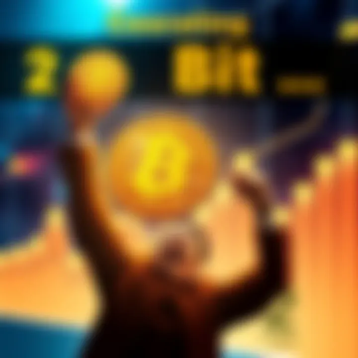 A person joyfully holding a Bitcoin symbol with a backdrop of rising graphs, signaling a success story in cryptocurrency investing.