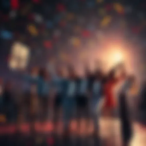 Group of people celebrating together as they reach a financial goal of 50K, holding banners and confetti