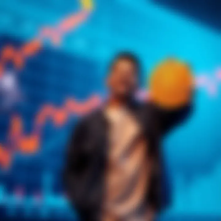 Celebrating Bitcoin Ownership A person joyfully holding a Bitcoin symbol while standing with a chart showing growth in cryptocurrency market.