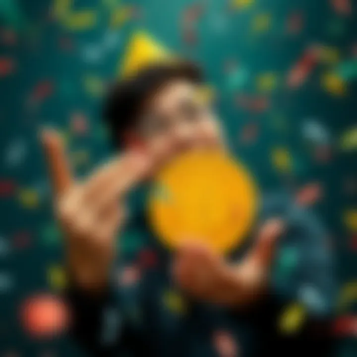 A happy person holding a Bitcoin symbol, celebrating their savings milestone with a joyful expression and confetti around them.