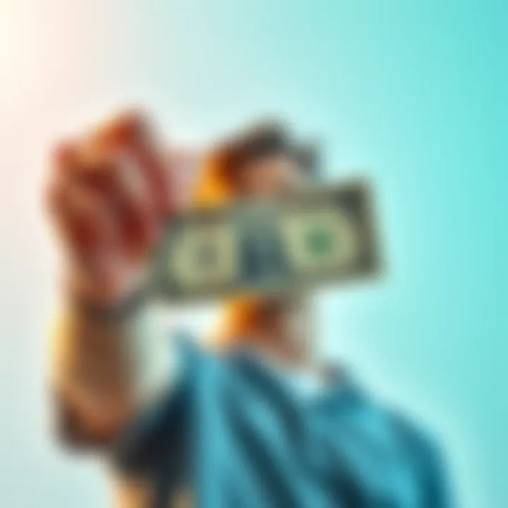 A person joyfully holding a dollar bill, symbolizing their first earnings and achievement, with a bright background emphasizing positivity.