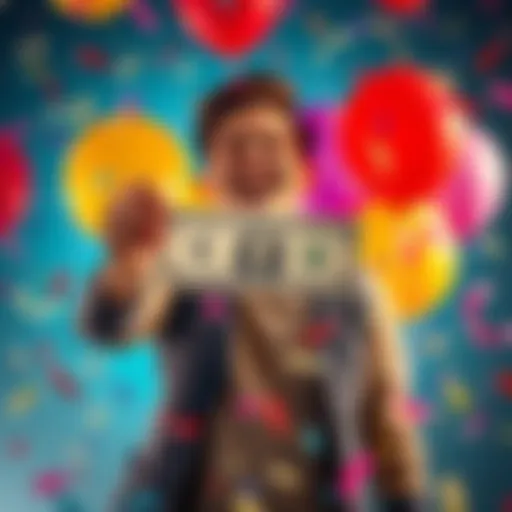 A joyful person holding their first dollar, surrounded by balloons and confetti, showing excitement.