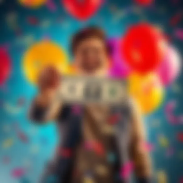 Celebrating First Dollar A joyful person holding their first dollar, surrounded by balloons and confetti, showing excitement.