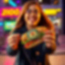 A person holding a month badge and a Subway sandwich, smiling in celebration