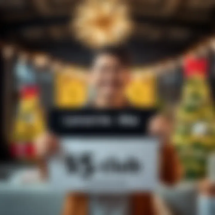 Person smiling and holding a sign that reads 'I joined the $5 club' with festive decorations in the background.
